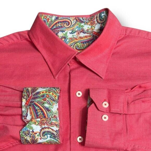 Alan Flusser Men's L Red Button Up Shirt Paisley Contrast Cuff Preppy Retro - Picture 2 of 11